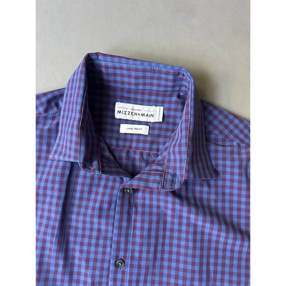 Mizzen+Main Mens Shirt Sz Large Blue Trim Fit Gingham Non Iron Leeward Dress - Picture 2 of 6
